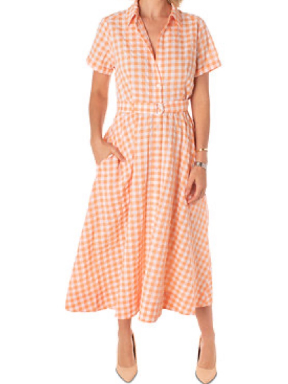 Maison Tara Orange & White Seersucker Gingham Full Button Shirt Dress Size 6